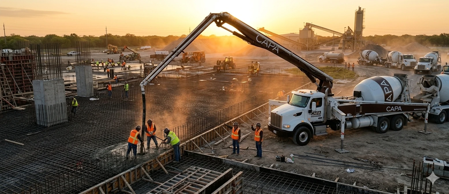 CAPA concrete pump placing a pour at a job site at sunset